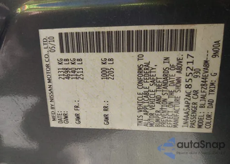 2010 Nissan Maxima 3.5 Sv from USA, damaged, VIN 1N4AA5AP2AC855217